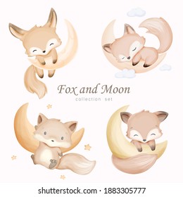 Fox And Moon Collection Set With Watercolor Illustration