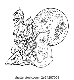 Fox and moon, snowy pines, hand drawn black white contour vector illustration. Forest animal and trees in winter landscape monochrome art for magical Christmas scenes and woodland themed artwork.