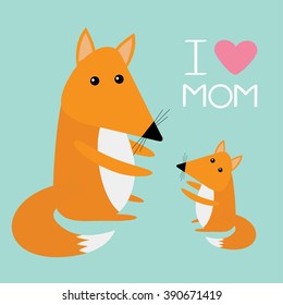 Fox mother and baby. Cute cartoon character set. Forest animal collection. Pink heart I love Mom text Blue background. Greeting card Flat design Vector illustration