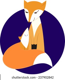 fox mother and fox-child on deep blue round background