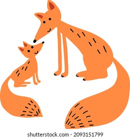 The fox mother sits next to her cub. Mothers Day.