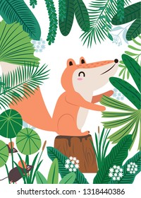 Fox and Mouse in forest pattern. Vector illustration