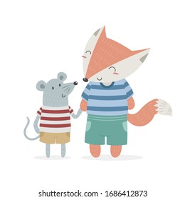 Fox and mouse holding hands vector cartoon. Cute fox and mouse vector cartoon isolated on white background. Best friend animals cartoon. 