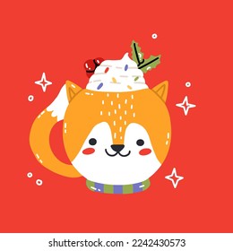 Fox mug. Christmas cute cocoa chocolate cup. Childish print for cards, stickers, apparel, decoration. Cute menu illustration. Cute mug element, New year or winter holiday vector illustration