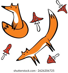 fox and mushroom doodle seamless pattern kid drawing. Vector illustration