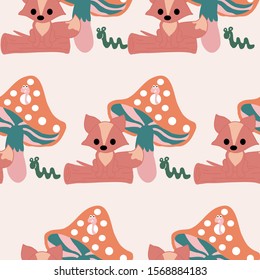 Fox and mushrooms in a seamless pattern design, perfect to use on the web or in print