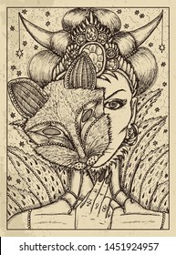 Fox. Mystic concept for Lenormand oracle tarot card. Vector engraved illustration. Fantasy line art drawing and tattoo sketch. Gothic, occult and esoteric background