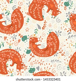 Fox and nature seamless pattern. Vector abstract illustration. Endless background.