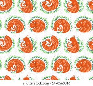 Fox and nature seamless pattern. Vector abstract illustration. Endless background.