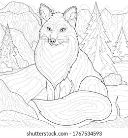 
Fox and nature.Mountains, river and spruce.Coloring book antistress for children and adults. Illustration isolated on white background.Zen-tangle style.