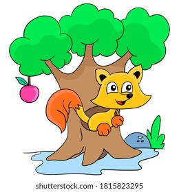fox is nesting in the tree. cartoon illustration cute sticker