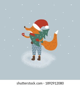 Fox in a New Years hat carries a Christmas tree in its paws. Snowing. Colorful vector illustration in cartoon style. Merry Christmas. Winter time. Cute animal