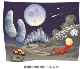 Fox in the night. Funny cartoon and vector scene.
