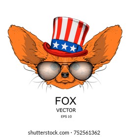 A fox  in old American hat with a flag. National Symbols of the USA. Vector illustration 