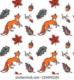 Fox on the autumn forest. Seamless pattern. Vector.