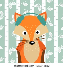 fox on background of birch trees - vector illustration, eps