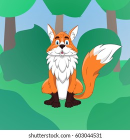 Fox on the background of the forest. Cartoon style. Vector illustration.