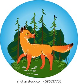Fox on the background of the forest, vector illustration