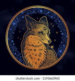 Fox on the background of the moon and stars in vinatge style. Dreamy magic art. Night, nature, wicca, symbol. Isolated vector illustration. Great outdoors, tattoo and t-shirt design. North animal.