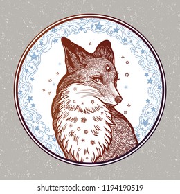 Fox on the background of the moon and stars in vinatge style. Dreamy magic art. Night, nature, wicca, symbol. Isolated vector illustration. Great outdoors, tattoo and t-shirt design. North animal.
