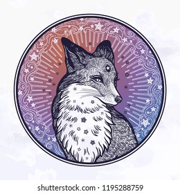 Fox on the background of the moon and stars in vinatge style. Dreamy magic art. Night, nature, wicca, symbol. Isolated vector illustration. Great outdoors, tattoo and t-shirt design. North animal.