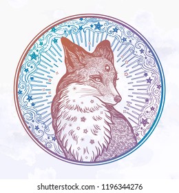 Fox on the background of the moon and stars in vinatge style. Dreamy magic art. Night, nature, wicca, symbol. Isolated vector illustration. Great outdoors, tattoo and t-shirt design. North animal.