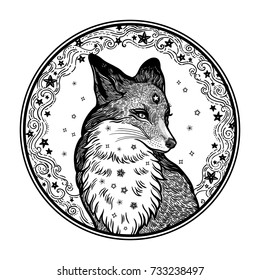 Fox on the background of the moon and stars in vinatge style. Dreamy magic art. Night, nature, wicca, symbol. Isolated vector illustration. Great outdoors, tattoo and t-shirt design. North animal.
