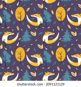 Fox on the background of trees and leaves seamless pattern. Perfect for kids apparel,fabric, textile, nursery decoration,wrapping paper