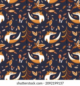 Fox on the background of trees, mushroom and branches with leaves seamless pattern. Perfect for kids apparel,fabric, textile, nursery decoration,wrapping paper