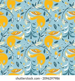 Fox sobre el fondo de árboles, hongos y ramas con hojas sin costura. Perfecto para prendas de vestir, tela, textil, decoración de vivero, papel envolvente