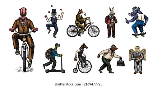 Fox on a bicycle, Cat juggler, turtle on a scooter. Bear, horse, hare, Owl, Squid. Fashion Animal characters set. Hand drawn sketch. Vector engraved illustration for label, logo and T-shirts.