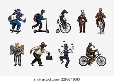 Fox on a bicycle, Cat juggler, turtle on a scooter. Bear, horse, hare, Owl, Squid. Fashion Animal characters set. Hand drawn sketch. Vector engraved illustration for label, logo and T-shirts.