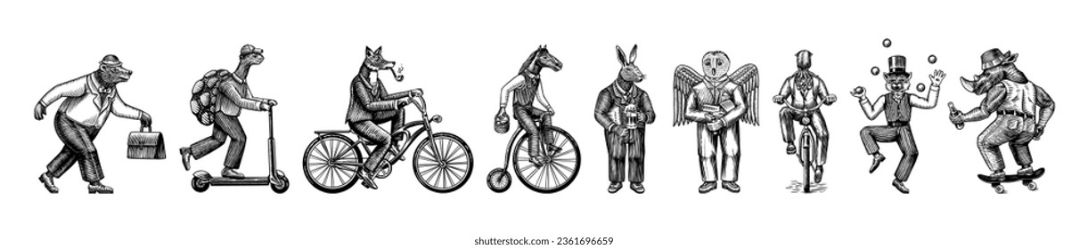 Fox on a bicycle, Cat juggler, turtle on a scooter. Bear, horse, hare, Owl, Squid. Fashion Animal characters set. Hand drawn sketch. Vector engraved illustration for label, logo and T-shirts.