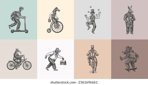 Fox on a bicycle, Cat juggler, turtle on a scooter. Bear, horse, hare, Owl, Squid. Fashion Animal characters set. Hand drawn sketch. Vector engraved illustration for label, logo and T-shirts.