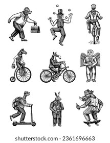 Fox on a bicycle, Cat juggler, turtle on a scooter. Bear, horse, hare, Owl, Squid. Fashion Animal characters set. Hand drawn sketch. Vector engraved illustration for label, logo and T-shirts.