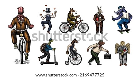 Fox on a bicycle, Cat juggler, turtle on a scooter. Bear, horse, hare, Owl, Squid. Fashion Animal characters set. Hand drawn sketch. Vector engraved illustration for label, logo and T-shirts.