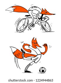 Fox on the bike and fox football player. Color manual graphics, perfect for registration of sporting events, children's events.