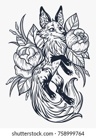 Fox on floral in vintage style. Dreamy magic cute art. Flower, nature, boho, symbol. Isolated vector illustration. Great outdoors, tattoo, poster, card and t-shirt design. North animal.