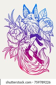 Fox on floral in vintage style. Dreamy magic cute art. Flower, nature, boho, symbol. Isolated vector illustration. Great outdoors, tattoo, poster, card and t-shirt design. North animal.