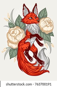 Fox on floral in vintage style. Dreamy magic cute art. Flower, nature, boho, symbol. Isolated vector illustration. Great outdoors, tattoo, poster, card and t-shirt design. North animal.