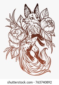 Fox on floral in vintage style. Dreamy magic cute art. Flower, nature, boho, symbol. Isolated vector illustration. Great outdoors, tattoo, poster, card and t-shirt design. North animal.