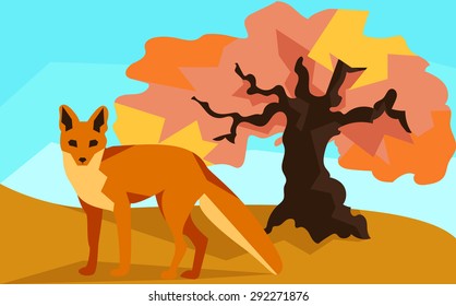 Fox on a hill with a large oak tree on a background of autumn, clear blue sky. Animals and nature. In flat polygon style for design applications and sites. Vector illustration