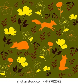 Fox on the meadow with flowers. Pattern. Vector illustration.