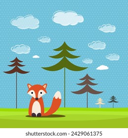 Fox  on meadow with forest trees on background, vector