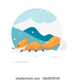 Fox on a mountains background. A winter image with snow