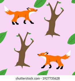 Fox on pink background with leaves and trees