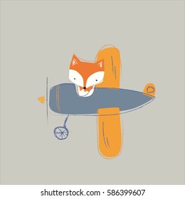 fox on the plane. Vector cute cartoon fox. Baby Fox vector illustration.