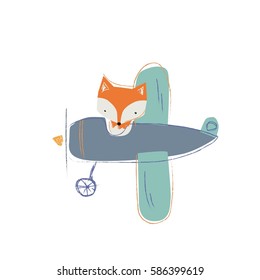 fox on the plane. Vector cute cartoon fox. Baby Fox vector illustration.