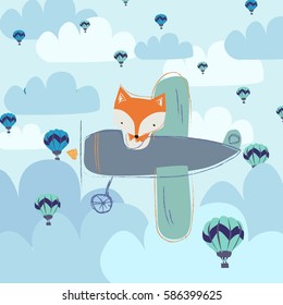 fox on the plane. Vector cute cartoon fox. Baby Fox vector illustration.