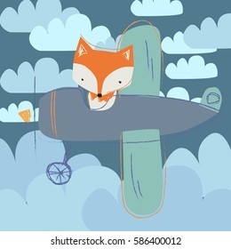 fox on the plane. Vector cute cartoon fox. Baby Fox vector illustration.